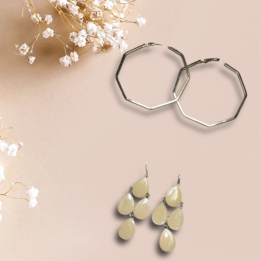 2 Pairs- Elegant Gold and Cream Earrings Set